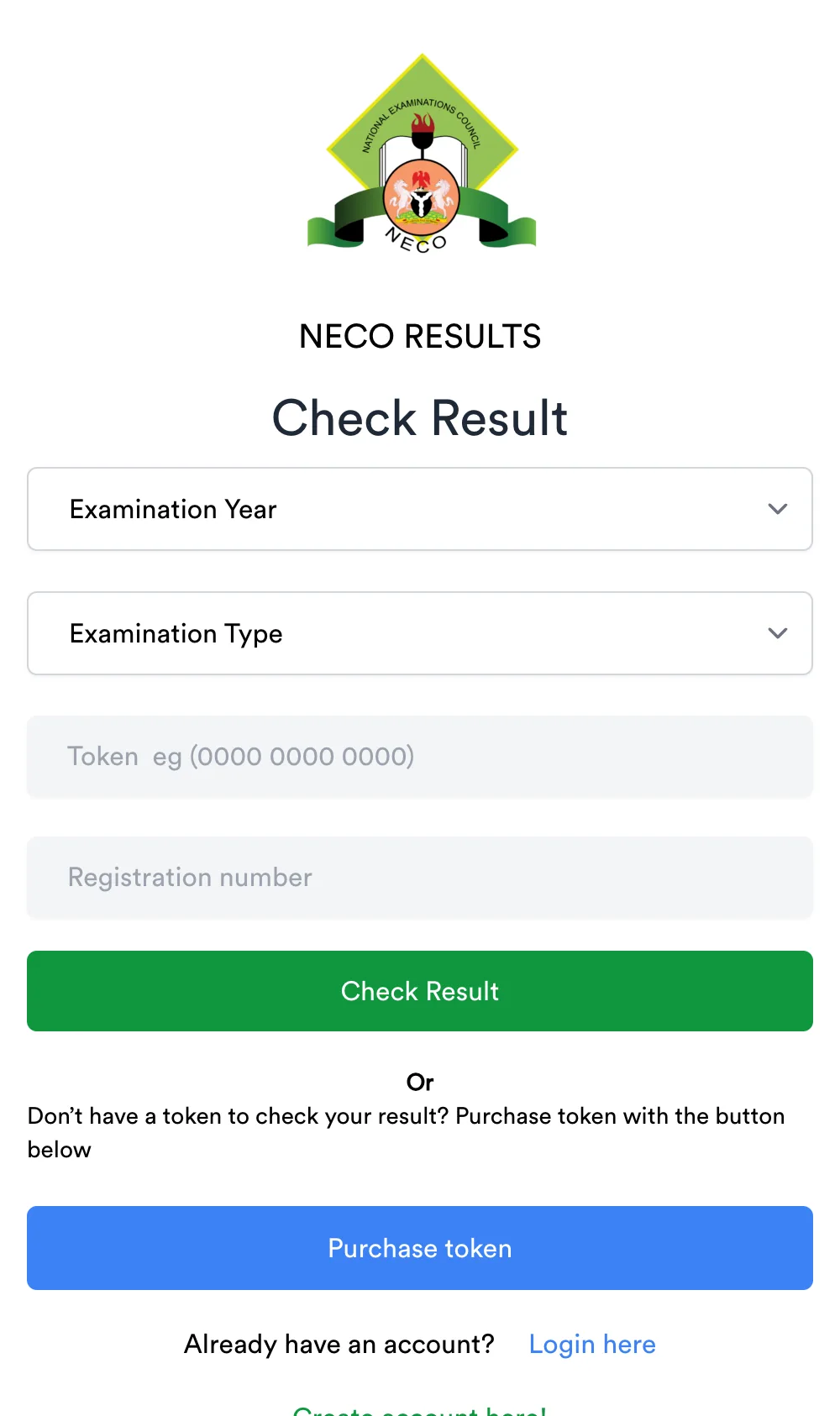results.neco.gov.ng home page with the Purchase token button