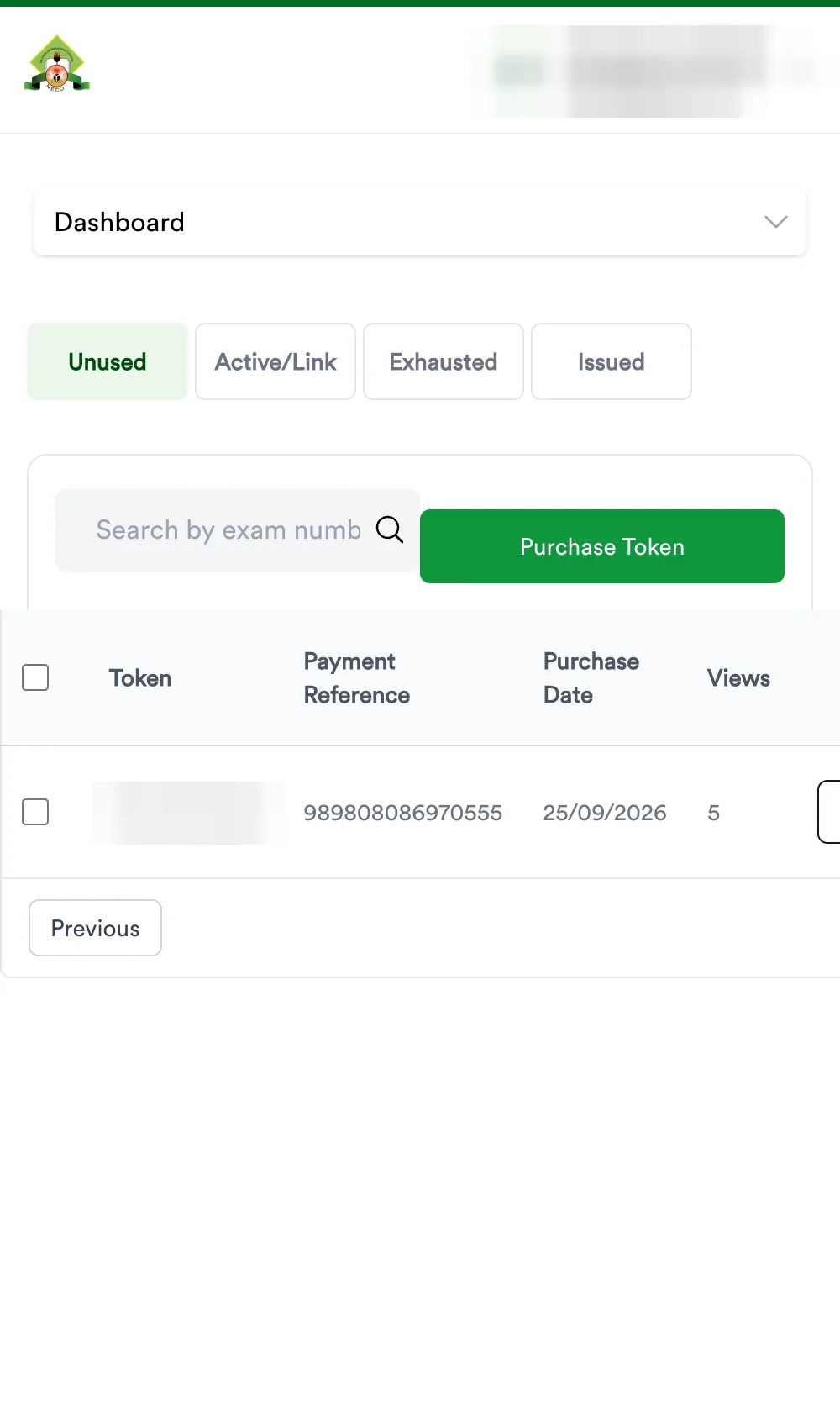 Tokens page, Unused tab, one token (masked) with 5 views